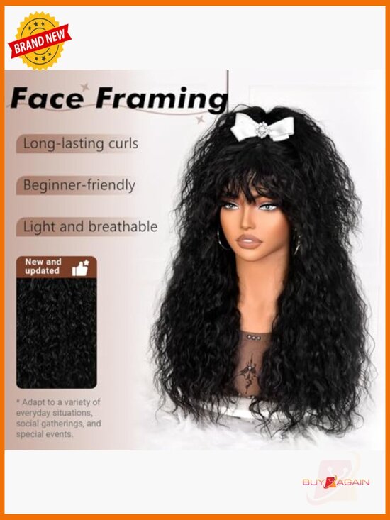 200 Density Long Curly Wig with Bangs 100% Human Hair Glueless